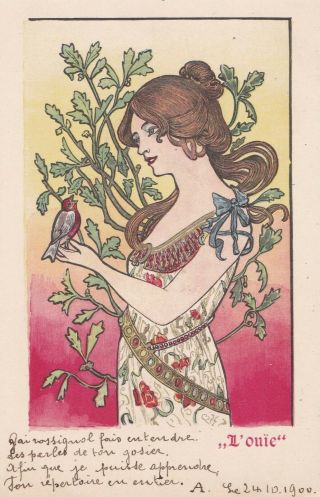 A.  Kieszkow Art Nouveau Lady Listens To Bird Singing