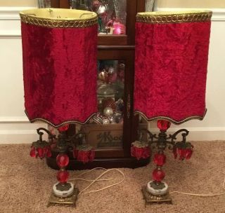 Vintage Hollywood Regency Ruby Colored Lamps Prisms And Velvet Shades