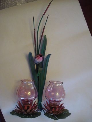 Vintage Water Lillies W/ Cattails Candle Wall Hanging Candle Holder W/ Sconces