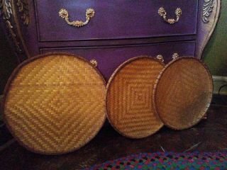 3 Vintage Large Flat Round Bamboo Wicker Tobacco Winnowing Basket Boho Wall Art