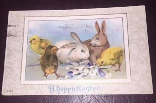 Vintage A Happy Easter Postcard Rabbits And Chicks 1912 Embossed