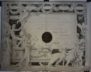 Exposition Universelle Paris 1889 Diploma,  Certificate & Bronze Medal 1889