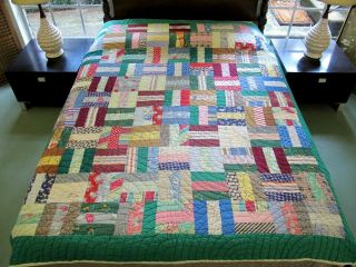 Vintage Hand Quilted All Cotton,  Some Feed Sack Roman Stripes Quilt,  82 " X 70 "