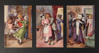 Vintage Unsigned Arthur Thiele Cat Postcards (3) Maids At Play