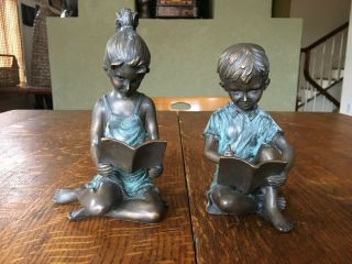 Spi Home Boy Writing And Girl Reading Bookends Brass Bronze Patina 7.  5 