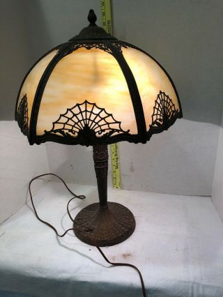 Old Antique 6 Panel Caramel Bent Slag Glass Electric Table Lamp - -