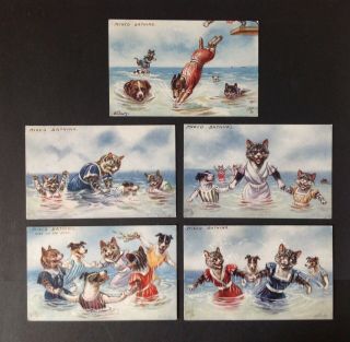Tuck " Mixed Bathing " Series Ii 9636 Postcards (5) Signed Ellam - Cute Cats & Dogs