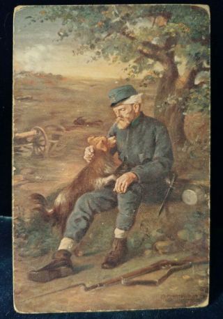 Vintage German Wwi Postcard Wounded Soldier And His Dog " A True Friend "