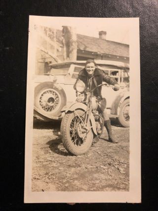 Black White Photo - Man Sitting On His Harley - Davidson Motorcycle Front View 30 