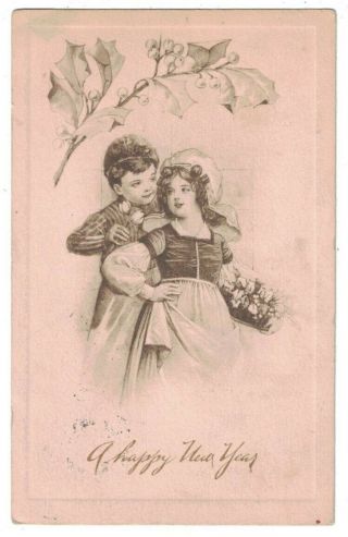 Antique 1910 Little Boy & Girl A Happy Year Holiday Greetings Postcard