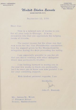 Authentic,  Signed Jack,  Senator John F.  Kennedy,  1956 Letter Vice President NR 3
