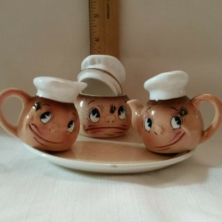 Vintage Anthropomorphic Chef Salt And Pepper Shakers & Sugar Bowl Fly On Face