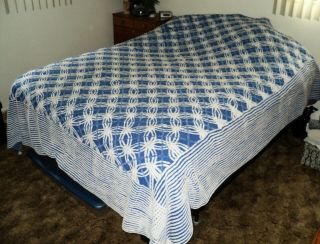 Vintage Chenille Bedspread Blue & White Double Wedding Ring Queen 102 X 90