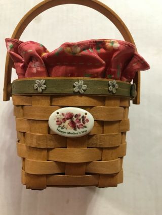 Euc Longaberger 2007 Mothers Day Basket W Ceramic Tie On & Cloth & Plastic Liner