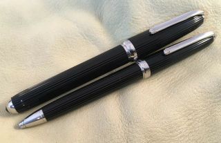 Louis Cartier Godron Black Composite / Platinum Rollerball & Ballpoint Pen Set