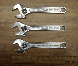 3 Vintage Fuller 8 " Adjustable Wrenches,  With 15/16 " Capacity,  Owner 