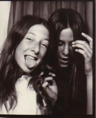 Vintage Photo Booth: Goofy Young Girls,  Hands To Hair,  Sticking Out Tongue