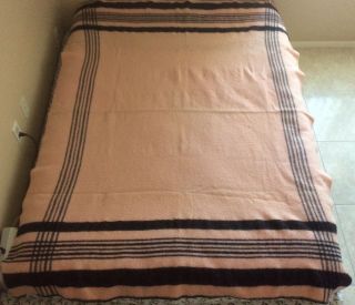 Vtg Fleecydown Wool Pink Black Stripes Cabin Lodge Blanket Montgomery Ward 78x65
