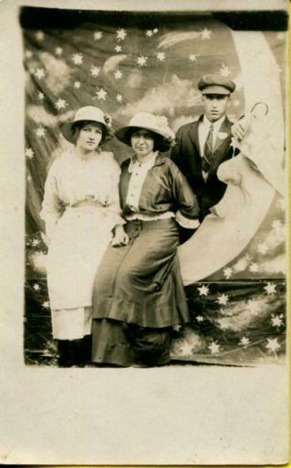 Rppc Studio Moon Ladies With Big Hats/man With Fair Cane And Pennant