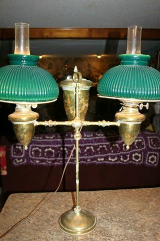 Antique M.  B.  Co.  Ny Large Brass Victorian Dual Student Table Lamp Green Shades