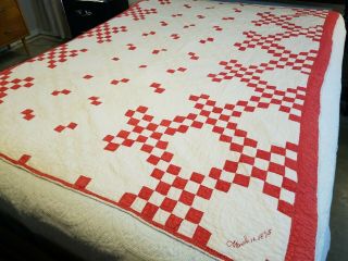 Antique 1895 Handmade Quilt - Double Irish Chain Variation - Hand Pieced And Quilted