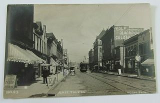 Antique East Toledo Ohio Real Photo Postcard Wolf Hardware Trolley Businesses
