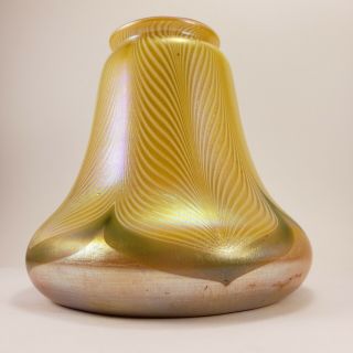 20th C Antique Quezal Art Glass Pulled Feather Gold Lamp Shade