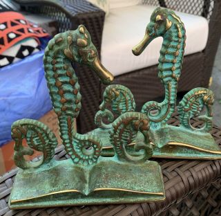 Vintage Virginia Metalcrafters Brass Seahorse Bookends Patina Heavy Nautical