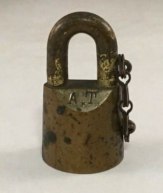 Antique Unknown Brass Padlock With Complicated Key Lock Stamped A.  T