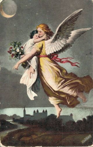 Angel Cuddles With Flowers Vintage Postcard With The Moon 02.  97