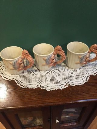 Fitz And Floyd 1991 Seahorse Pattern Mugs Set Of 3