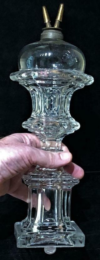 Antique Sandwich Glass " Waisted Loop " Whale Oil Lamp,  Monument Base,  C.  1840