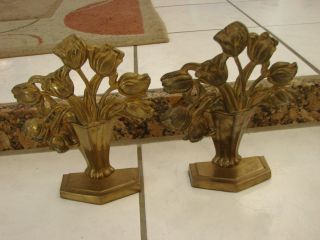 Solid Heavy Brass Bookends Bouquet Of Roses In A Vase