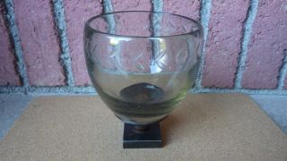 JAN BARBOGLIO ETCHED GREEN GLASS BOWL WITH IRON BASE 6 1/2 INCH TALL 5 INCH DIAM 3