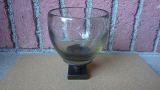 JAN BARBOGLIO ETCHED GREEN GLASS BOWL WITH IRON BASE 6 1/2 INCH TALL 5 INCH DIAM 4