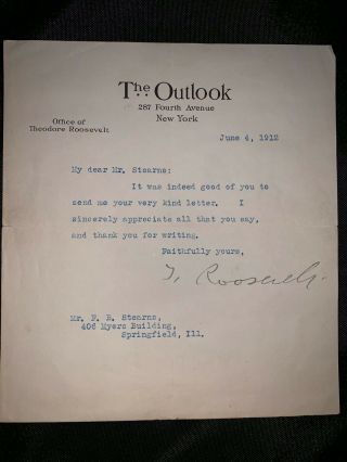 President Theodore Teddy Roosevelt Tls Typed Letter Signed Autographed