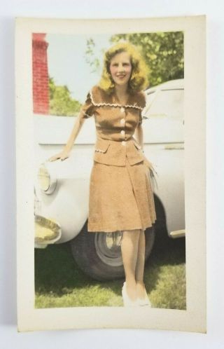 Vintage Photograph Blonde Woman Next To Car Hand Colored Snapshot
