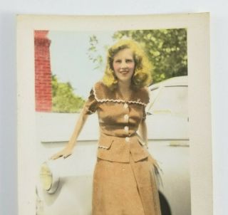Vintage Photograph Blonde Woman Next To Car Hand Colored Snapshot 2