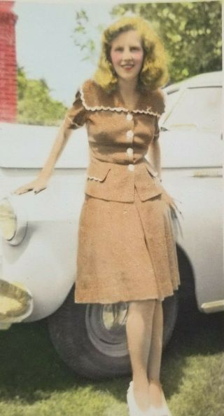 Vintage Photograph Blonde Woman Next To Car Hand Colored Snapshot 4