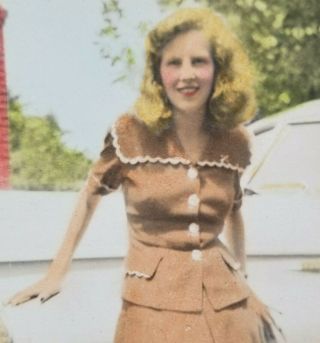 Vintage Photograph Blonde Woman Next To Car Hand Colored Snapshot 5