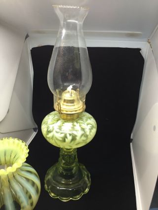 Vaseline Uranium Glass Oil Lamp Mosser Base Fern & Daisy Font Opalescent Shade 7