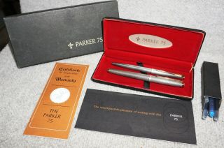 1960s Parker 75 Sterling Silver Cisele Fountain Pen 14k Nib &ballpoint Set &box