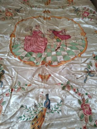 Vintage Hand Painted Italian Damask Bedspread Cherubs Roses Peacocks Courting