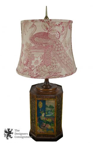 Frederick Cooper Tin Tea Canister Toleware Lamp Asian Figures Hollywood Regency