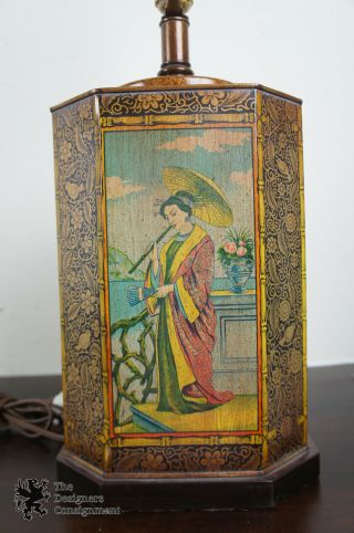 Frederick Cooper Tin Tea Canister Toleware Lamp Asian Figures Hollywood Regency 4