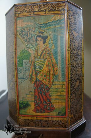 Frederick Cooper Tin Tea Canister Toleware Lamp Asian Figures Hollywood Regency 5