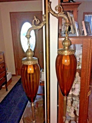 Vtg Tension Pole Light Amber Glass Lamp Ornate Metal Brushed Brass Elegance
