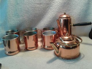8 Pc.  Vintage Copper Craft Guild 6 Moscow Mule Cups,  Turkish Coffee Pot,  Tea Pot