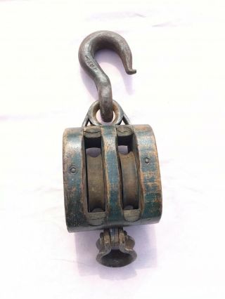 Vintage Double Wheel Wood Pulley Block And Tackle Signed “patterson Pittsburgh”