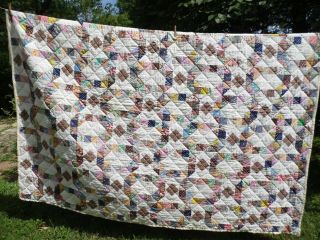 Vintage Hand Made Patchwork Quilt 94 " X 77 " Pale Yellow Floral Backing